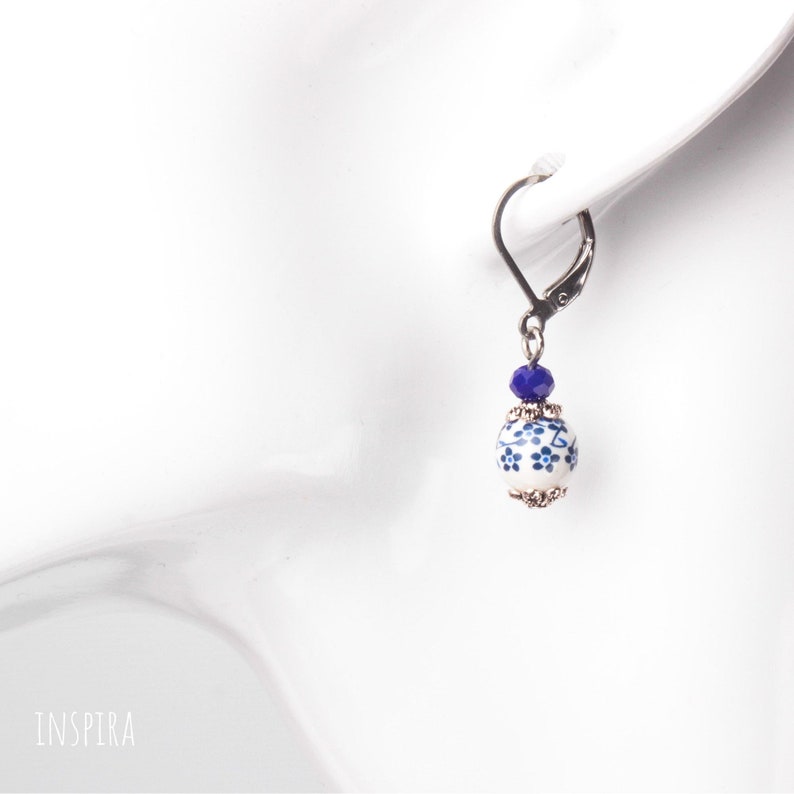 Small blue floral porcelain dangle earrings Pretty jewellery Elegant Blue flower bead Stainless steel lever back ear fittings image 1