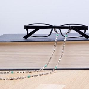 Silver glasses chain with green beads eyeglasses holder Eyewear accessory Readers gift Sunglasses chain Eye glasses neck cord image 5
