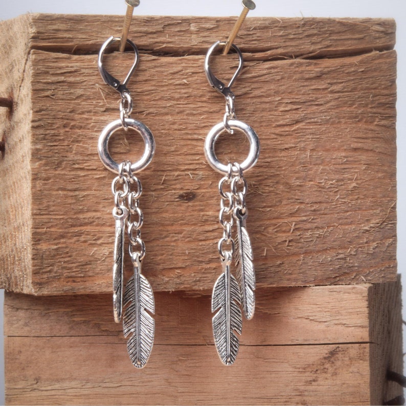 Silver feather earrings with rings Long dangle stainless steel lever back earrings image 5