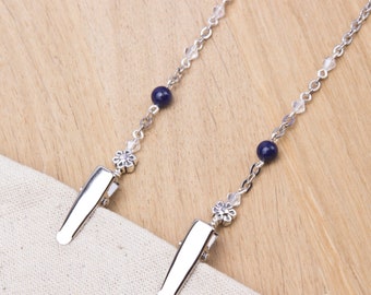 Lapis lazuli napkin neck chain clips - Gemstone and flower bead silver serviette clip napkin chain | Foodie gifts | Napkin holder cord
