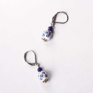 Small blue floral porcelain dangle earrings Pretty jewellery Elegant Blue flower bead Stainless steel lever back ear fittings image 6