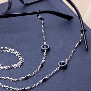 Hematite glasses chain grey ring and bead eyeglasses chain Eyewear neckchain Reader gift lanyard Sunglasses strap image 1