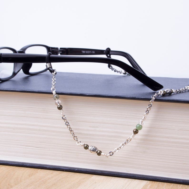 Glasses neck chain Green Moss Agate and quartz gemstone, bronze and silver bead glasses chain Silver eyeglasses neck cord lanyard image 3