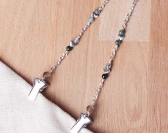 Moss Agate Napkin Clip Chain: Silver Hearts Adult Bib Necklace