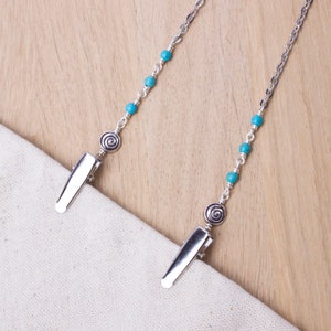 Türkis Servietten Kette - Schmuckstein und Spiralperle Silber Serviettenclip | Elegante Serviettenhalter Halskordel | Foodie Geschenk | Erwachsenen-Abendessen-Latz