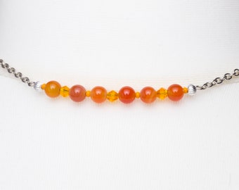 Carnelian crystal necklace - Simple gemstone and orange bead bar necklace | Silver carnelian stone jewellery