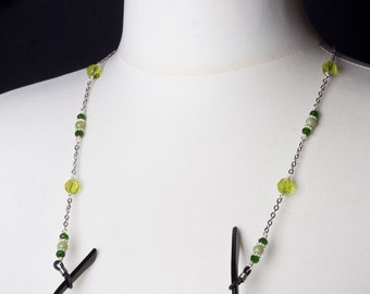 Green glasses chain - Jade gemstone and green bead eyewear cord | Neck chain lanyard | Silver spectacle strap | Eyeglasses holder