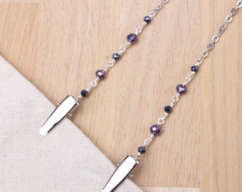 Napkin chain clips - Sparkling purple and grey bead silver serviette holder | Glamorous napkin neck cord | Mask holder | Adult bib clips