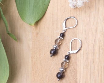 Gemstone dangle earrings | Black rutilated quartz jewellery | Boho bead dangle earrings | Stainless steel lever back ear fittings