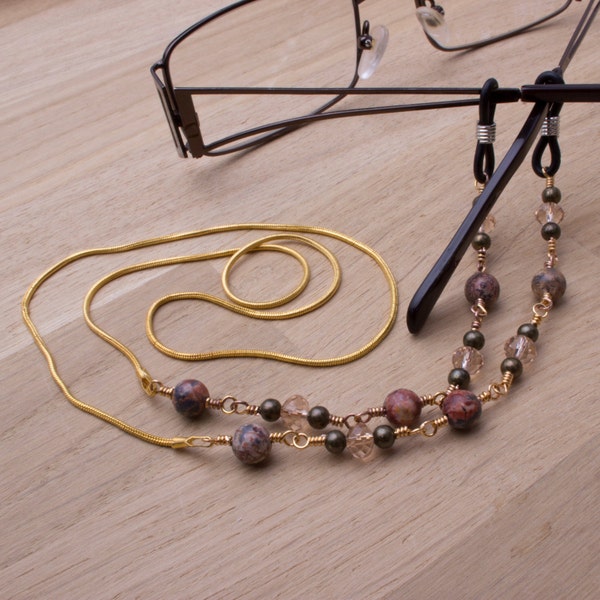 Glasses chain - Leopard skin agate and glass bead gold glasses lanyard | Eyeglass neck chain | Brown Gemstone Sunglasses eyewear chain