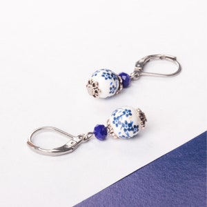 Small blue floral porcelain dangle earrings Pretty jewellery Elegant Blue flower bead Stainless steel lever back ear fittings image 4