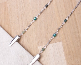 Napkin clip chain - Green bead and green moss agate gemstones | silver serviette holder | napkin neck cord | Foodie gifts | Adult bib clips