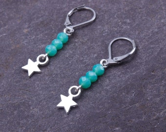 Star earrings - small green bead and silver star dangle earrings | Boho jewelry | Cute jewellery | Stainless steel lever back ear fittings