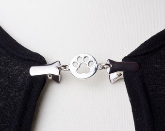 Paw print round Cardigan clip chain - silver sweater clip | dog lover cat gift shawl fastening | short Wrap holder | Cardigan guard