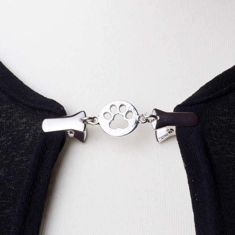 Paw print round Cardigan clip chain silver sweater clip dog lover cat gift shawl fastening short Wrap holder Cardigan guard image 1