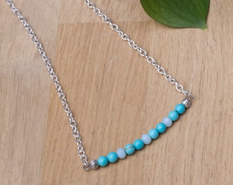 Turquoise bar necklace - Simple gemstone and opalite bead bar necklace | Silver turquoise stone jewellery