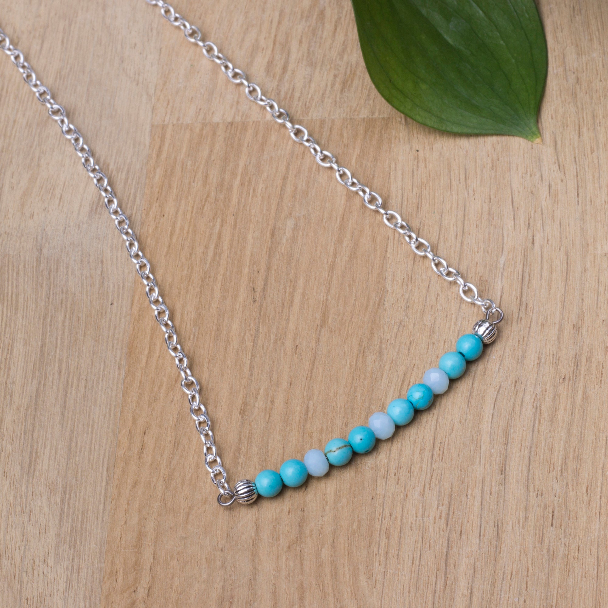 Turquoise Bar Necklace Simple Gemstone and Opalite Bead Bar Etsy UK