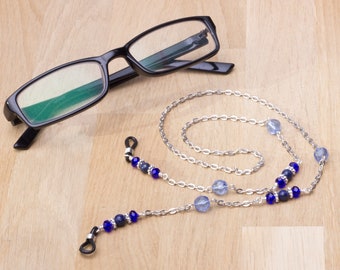 Lapis Lazuli glasses chain - gemstone and blue bead eyewear cord | Neck chain lanyard | Silver spectacle strap | Eyeglasses holder