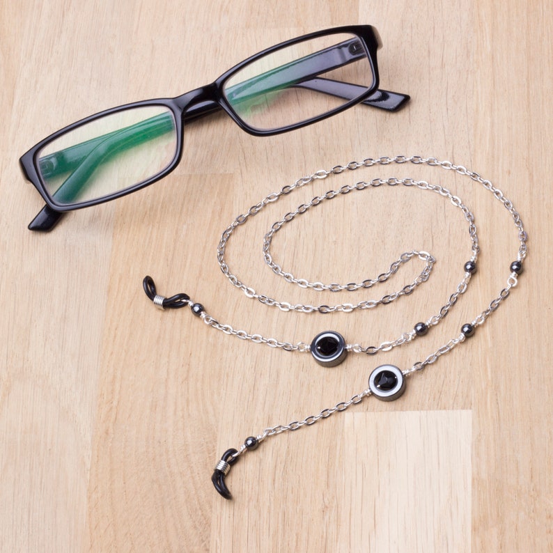 Hematite glasses chain grey ring and bead eyeglasses chain Eyewear neckchain Reader gift lanyard Sunglasses strap image 2