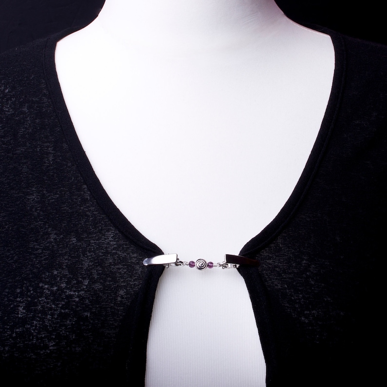 Cardigan Clips Silver Spiral and Purple Bead Sweater Clip Etsy UK