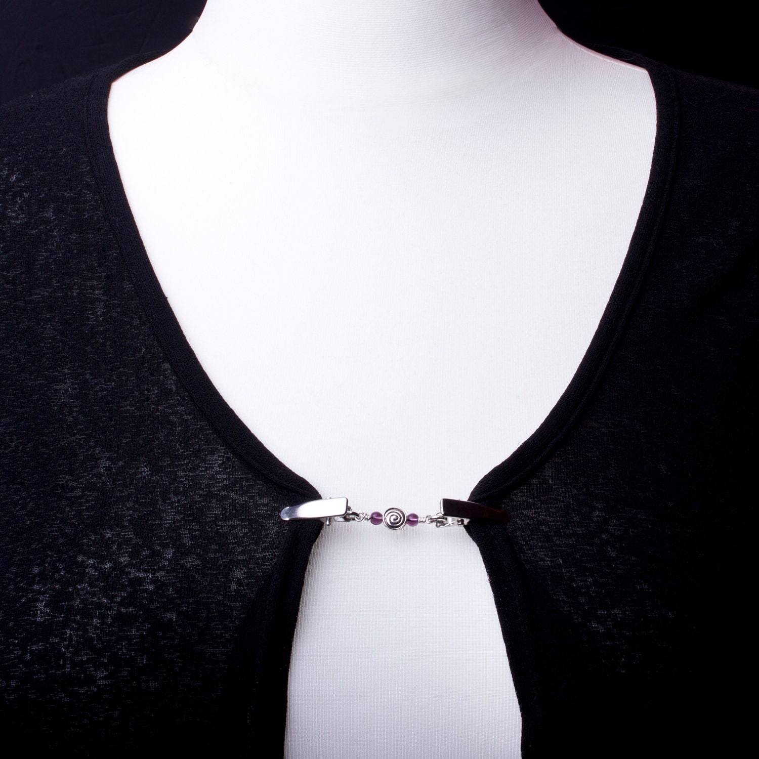 Cardigan Clips Silver Spiral and Purple Bead Sweater Clip Etsy UK