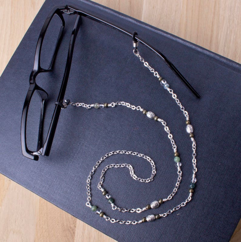 Glasses neck chain Green Moss Agate and quartz gemstone, bronze and silver bead glasses chain Silver eyeglasses neck cord lanyard image 4