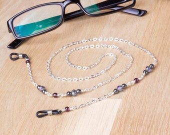 Hematite glasses chain with sparkle bead - blue and purple eyeglasses chain | Eyewear neckchain | Reader gift lanyard | Sunglasses strap