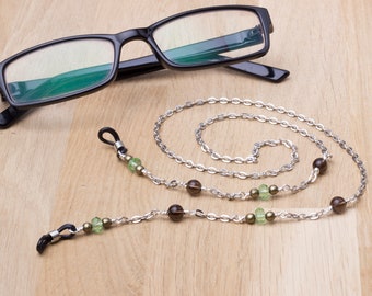 Glasses chain - Smokey quartz gemstone and green bead eyewear cord strap| Neck chain lanyard | Silver spectacle eyeglasses holder