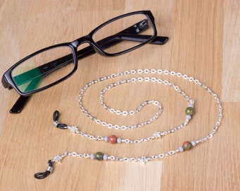 Gemstone glasses chain - unakite and jade eyeglasses chain with stars | Eyewear neckchain | Reader gift lanyard | Sunglasses strap