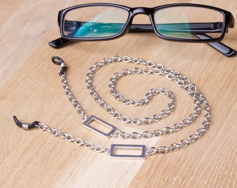 Mens silver glasses chain - rectangle link eyeglasses lanyard | Everyday eyewear neck cord | Gents Sunglasses chain | Eyeglasses holder