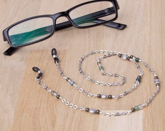 Glasses neck chain - Green Moss Agate and quartz gemstone, bronze and silver bead glasses chain | Silver eyeglasses neck cord lanyard