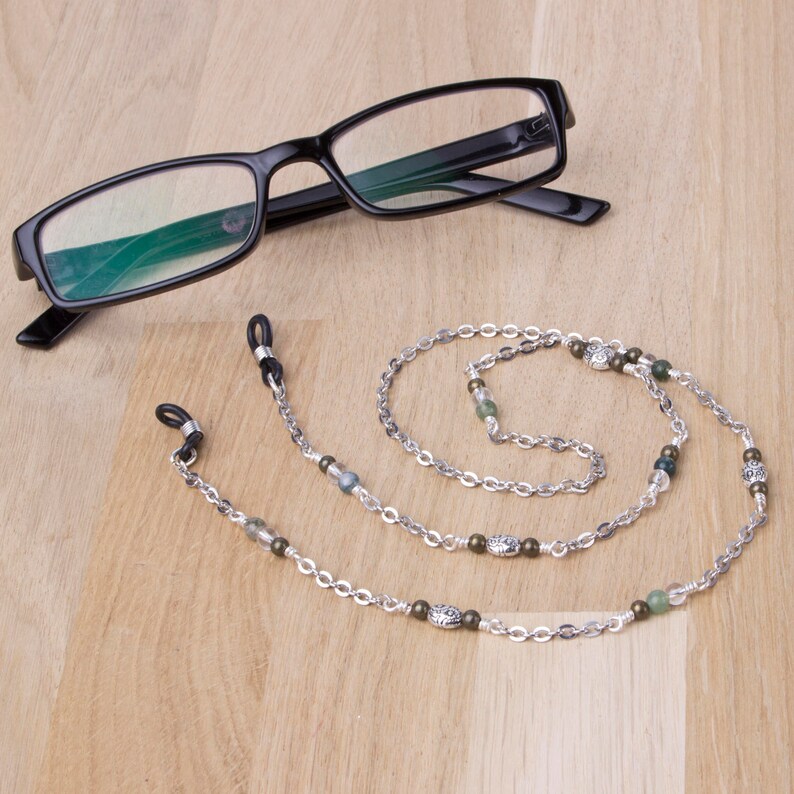 Glasses neck chain Green Moss Agate and quartz gemstone, bronze and silver bead glasses chain Silver eyeglasses neck cord lanyard image 1