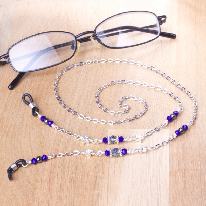 Glasses chain stars and blue bead eyeglasses chain Hematite eyewear neckchain Galaxy Reader gift lanyard Sunglasses strap image 1