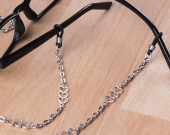 Silver heart eyeglasses lanyard - Triple heart link glasses chain | Everyday eyewear neck cord | Sunglasses chain | Eyeglasses holder