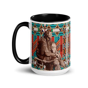 May include: White ceramic mug with a black handle and interior. The mug features a vintage image of two Native American figures, set against a backdrop of colorful, geometric beadwork. The mug's design includes a vibrant mix of turquoise, red, and white.