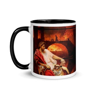 May include: White ceramic mug with a black interior and handle. The mug features a classical painting of a man in a toga with a tiger. The background depicts a burning city with arches and columns.