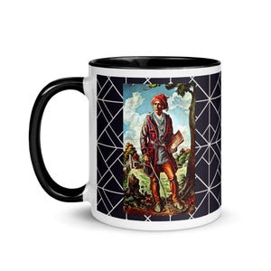 May include: White ceramic mug with a black rim and handle. The mug features a geometric pattern in black and white. The front of the mug has a colorful image of a person in traditional clothing standing in a forest setting.