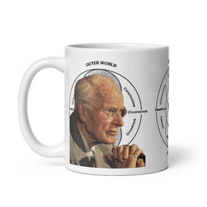 Può includere: Tazza in ceramica bianca con un ritratto di un uomo con gli occhiali e le parole "Outer World", "Consciousness" e "Unconscious". La tazza mostra anche un diagramma con le parole "Personal" e "Collective".
