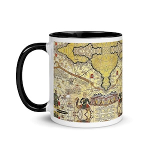 May include: White ceramic mug with a black rim and handle. The mug features a vintage map of the world printed on the front.