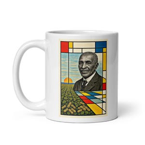 Op de afbeelding: Witte keramische mok met een kleurrijke illustratie van een man met een pinda-veld op de achtergrond. De illustratie is in geometrische stijl met de kleuren rood, geel, blauw en groen.
