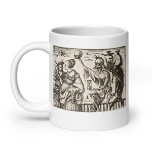 May include: A white ceramic mug with a black and white illustration of a skeletal figure holding a skull and an hourglass. The figure is standing on a balcony and is surrounded by other figures. The text "D.H." is visible in the bottom right corner of the illustration.