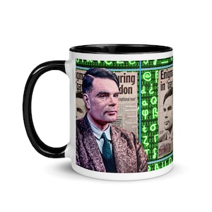 May include: A white ceramic mug with a black interior and handle. The mug features a portrait of Alan Turing, newspaper clippings, and binary code graphics. The text on the mug includes "Enigma" and "Turing London".