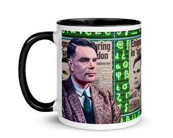 May include: A white ceramic mug with a black interior and handle. The mug features a portrait of Alan Turing, newspaper clippings, and binary code graphics. The text on the mug includes "Enigma" and "Turing London".
