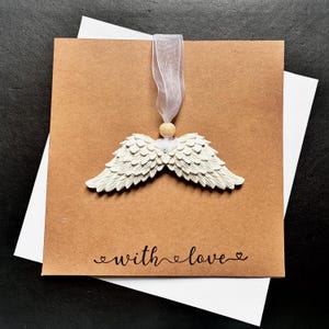 Carte de voeux artisanale avec ornement aile d'ange à suspendre, décorations d'ange blanc, cartes aile d'ange,