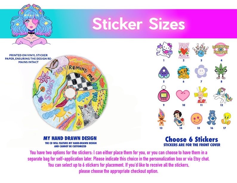 May include: A colorful sticker sheet with 17 different stickers. The stickers feature various cartoon characters and designs, including a unicorn, a heart, a smiley face, and a troll. The text "Choose 6 Stickers" and "Stickers are for the front cover" is printed on the sheet.
