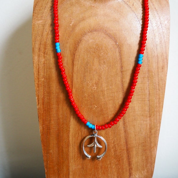 Red and Blue White Heart Beaded Necklace with silver Naja Pendant