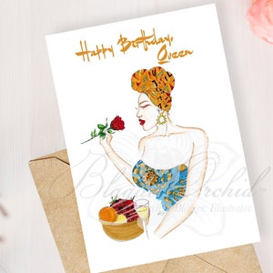 Birthday Card, Black Greeting Card, Black Girl Fashion Card, African American Greetings Card, &#39;Have A Queenly Birthday&#39;