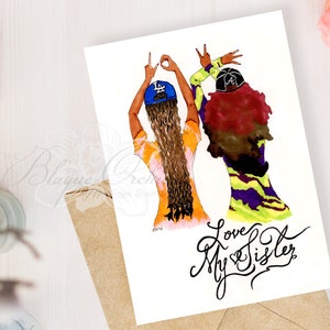 Wenskaart, Zwarte Wenskaart, Black Girl Fashion Card, Afro-Amerikaanse GroetenKaart, 'Love My Sister'