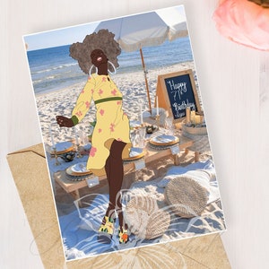 Biglietto di auguri, Biglietto di compleanno, Biglietto personalizzabile, Biglietto per la festa della mamma, Biglietto di auguri afroamericano, 'Birthday Beach Babe'