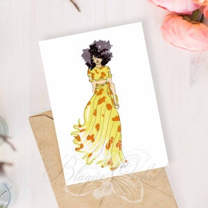 Biglietto di auguri, Biglietto di auguri nero, Biglietto di moda per ragazza nera, Biglietto di auguri afroamericano, "Regina in giallo"